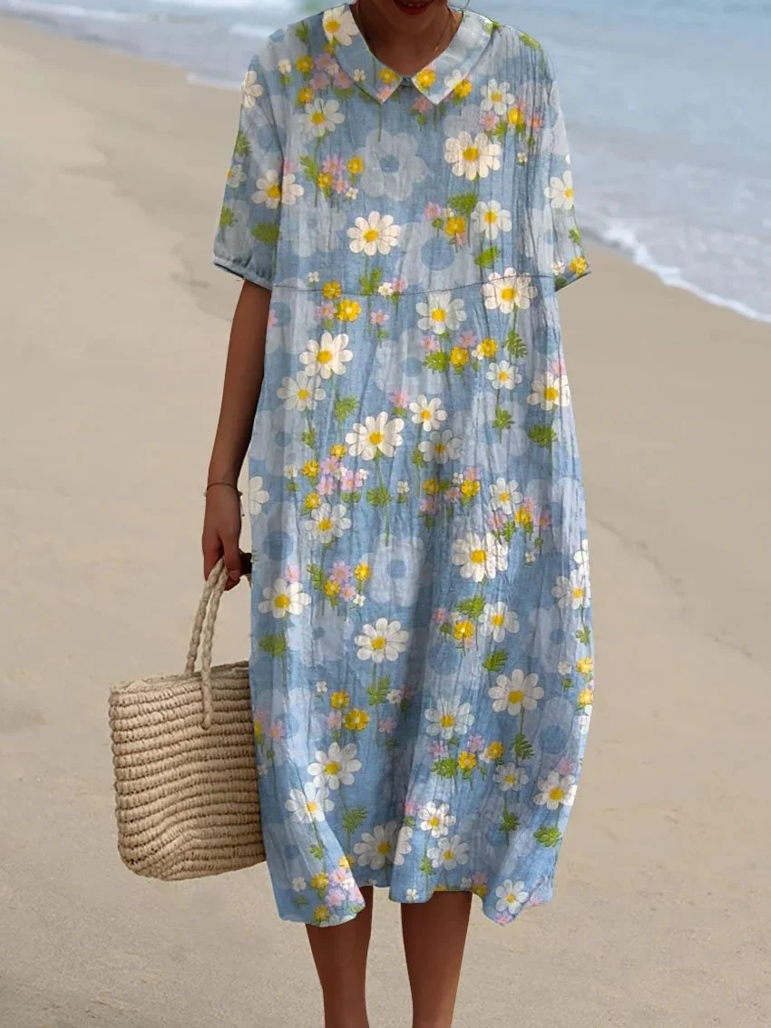 Women's Vintage Floral Art Print Pocket Linen Dress（Convertible Dress With Front And Back Option）