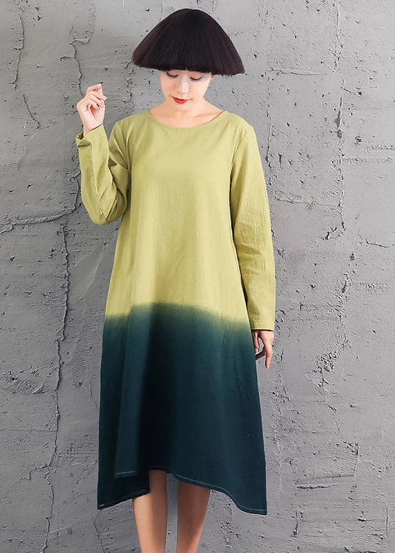Chic Yellow O-Neck Gradient color Cotton Dress Spring