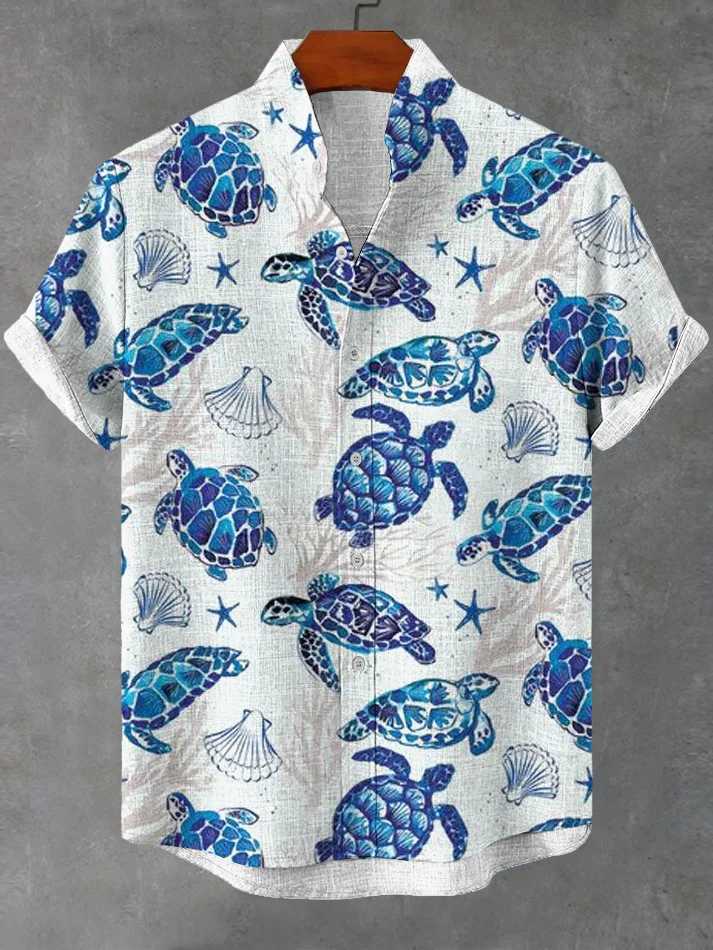 Men's Hawaiian Sea Turtle Shell Art Print Short Sleeve Linen Blend Shirt