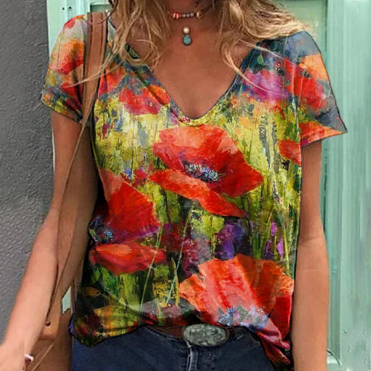 Casual V Neck Floral Oil Painting T-Shirt