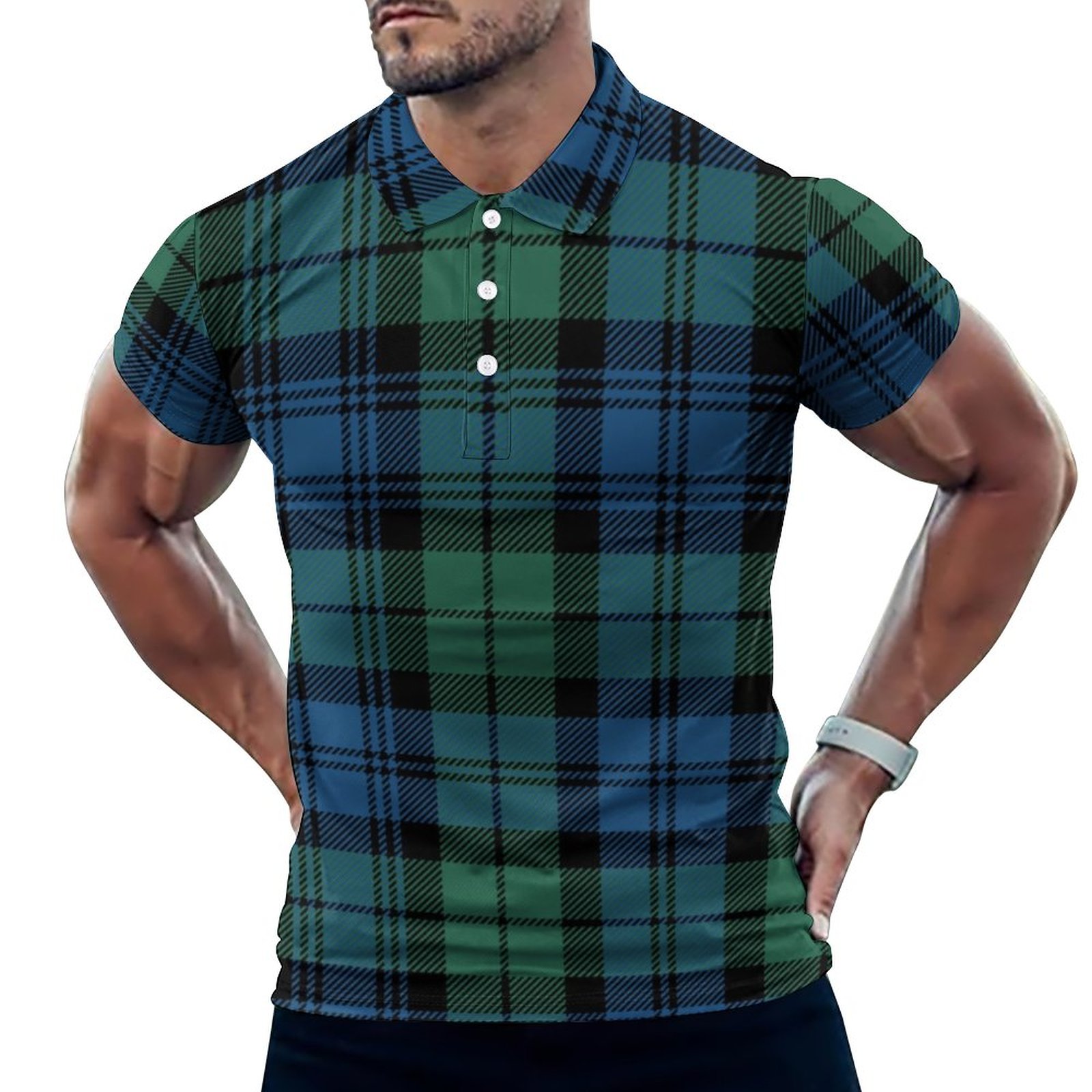Scottish Plaid Clan Campbell Green Blue Tartan Men'sCasual Print Golf Polo Shirts, oversized banded polo shirts, easter shirts for adults.