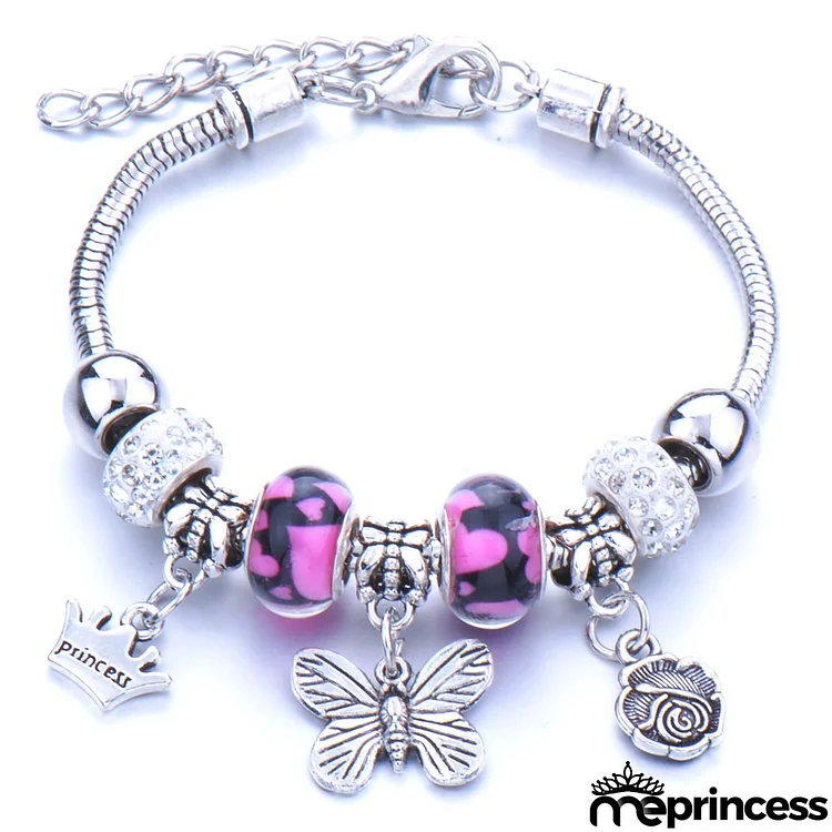 Women Fashion Rhinestone Butterfly Crown Pendant Beaded Bracelet