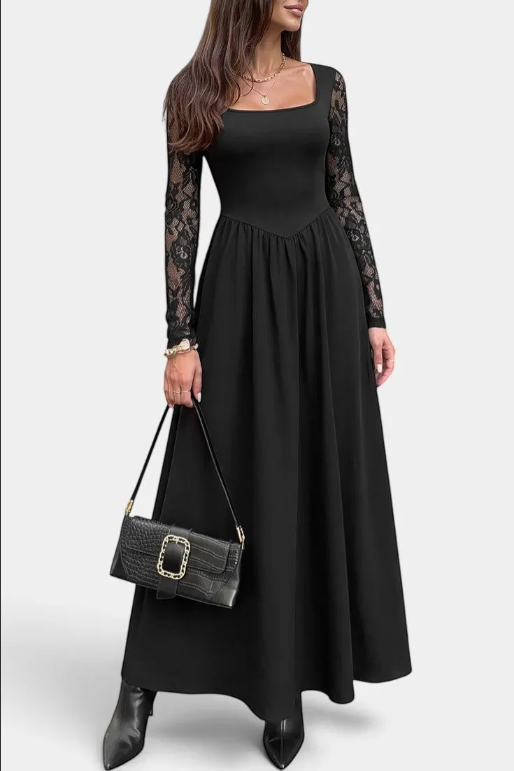 Square Neck Maxi Dress with Lace Sleeves