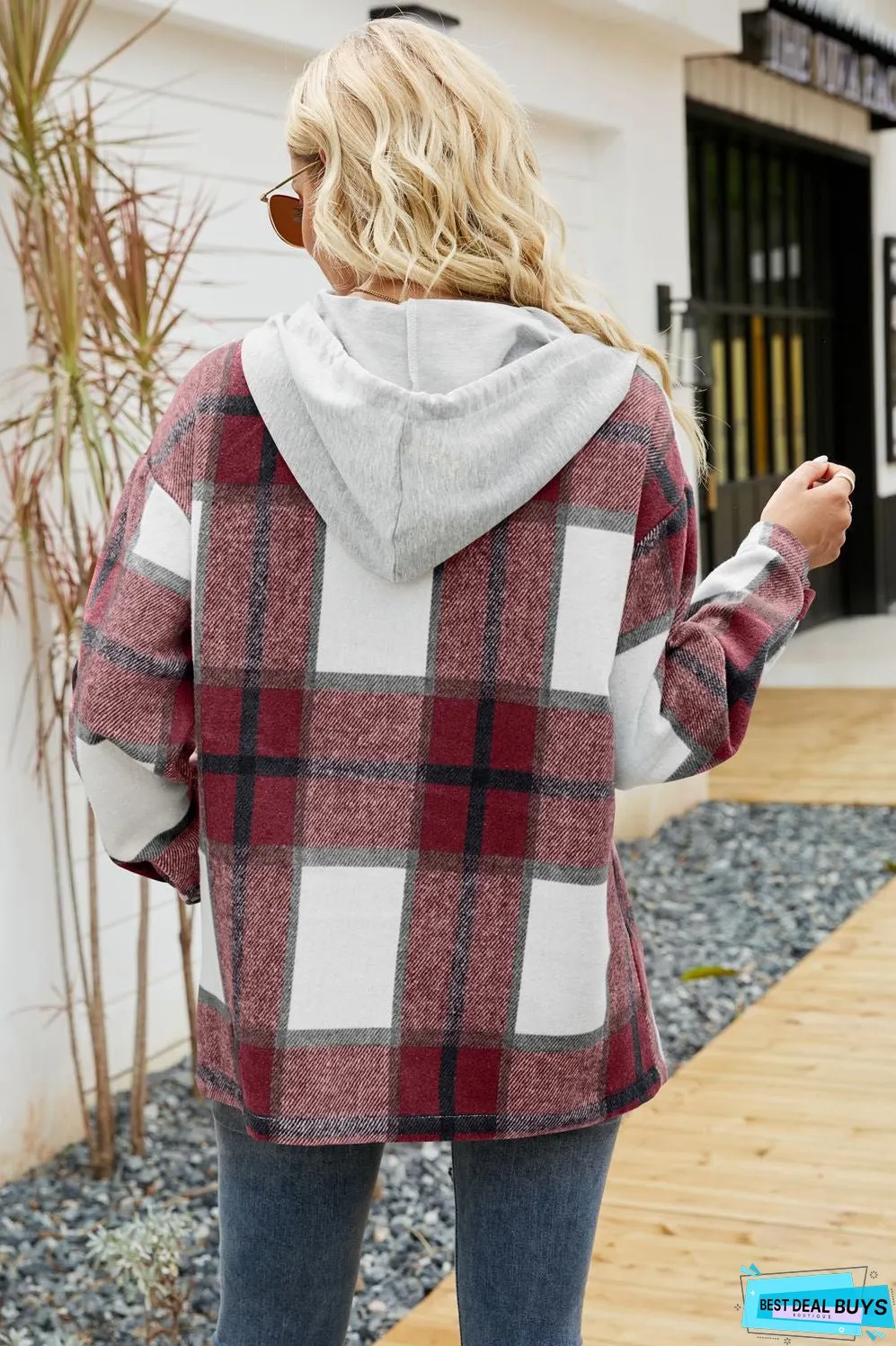 Drawstring Hooded Plaid Shacket Coat With Pocket