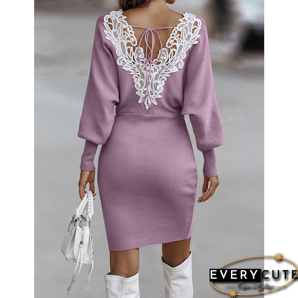Pink V Neck Sweater Dress with White Lace Trim in Back