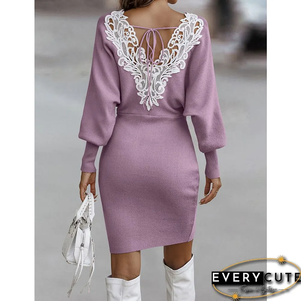 Pink V Neck Sweater Dress with White Lace Trim in Back