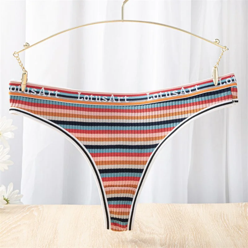 Billionm Women Cotton Colorful Stripe Panties Sexy Underwear G-String Rainbow Thong Soft Underpants Female Breathable Intimates Lingerie