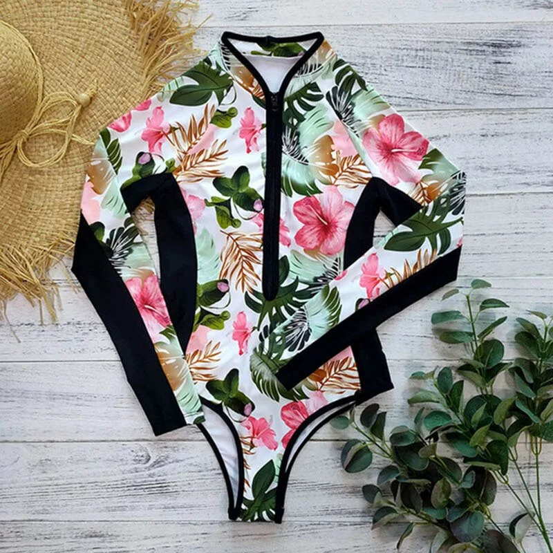 Long Sleeve Print Floral 2021 New One Piece Swimsuit Swimwear Women Zipper Bathing Suit Retro Swimsuit Vintage Surfing Swim Suit