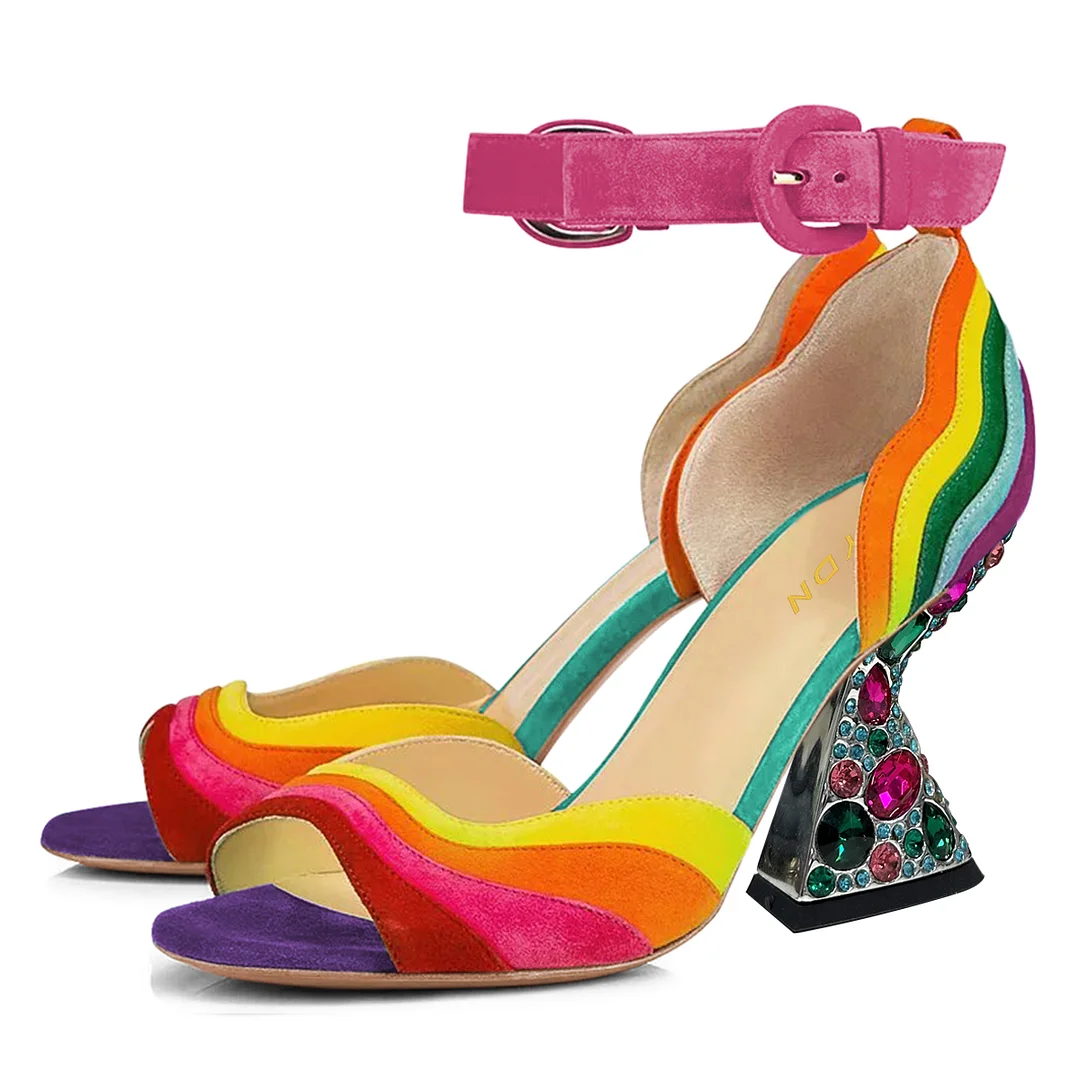 Rainbow Color Buckle Fastening Ankle Strap Decorative Heel Sandals