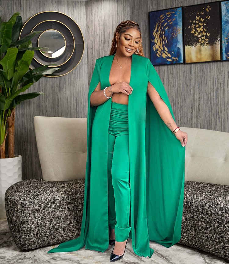 Slit Cape Maxi Trench Coat Two-Piece Pants Set