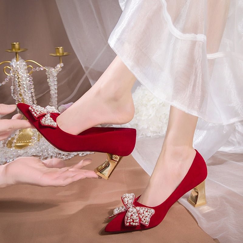 Elegant Ladies Red Silk Wedding Bride Shoes Pearl Bowknot Pointed Toe Pumps Women Sexy Party Dress High Heels Shoes Woman