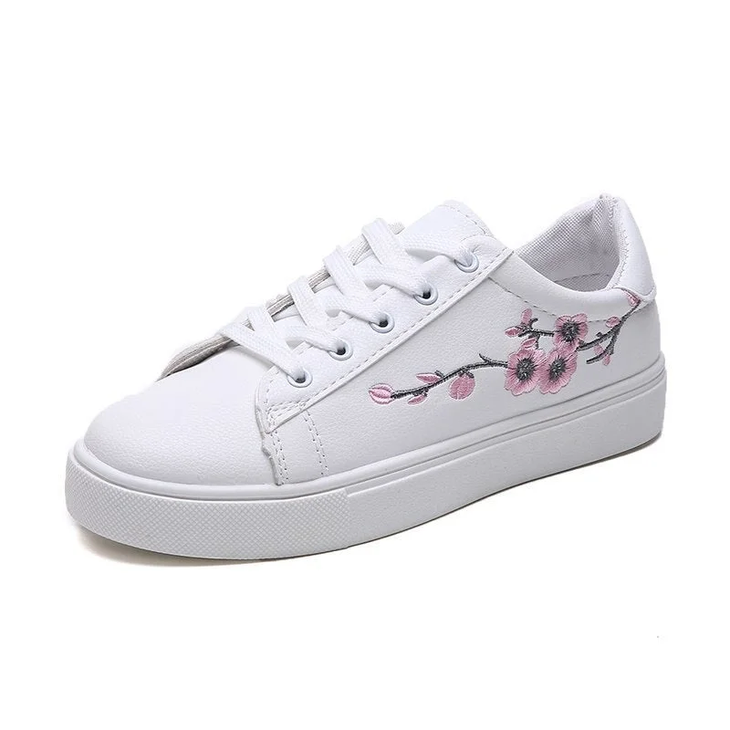 Women Casual Shoes Spring Summer Women Shoes Fashion Embroidered Flower White Sneakers Breathable Sport Lace-Up Women Sneakers