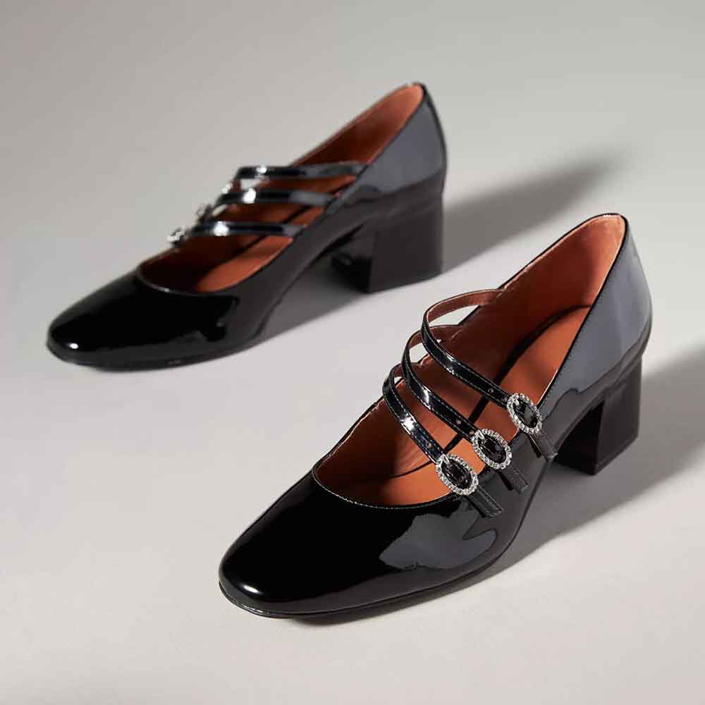Black Patent Leather Closed Toe Chunky Heel Strappy Pumps Nicepairs