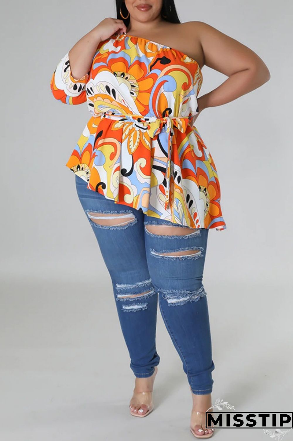 Black Yellow Casual Print Backless Oblique Collar Plus Size Tops