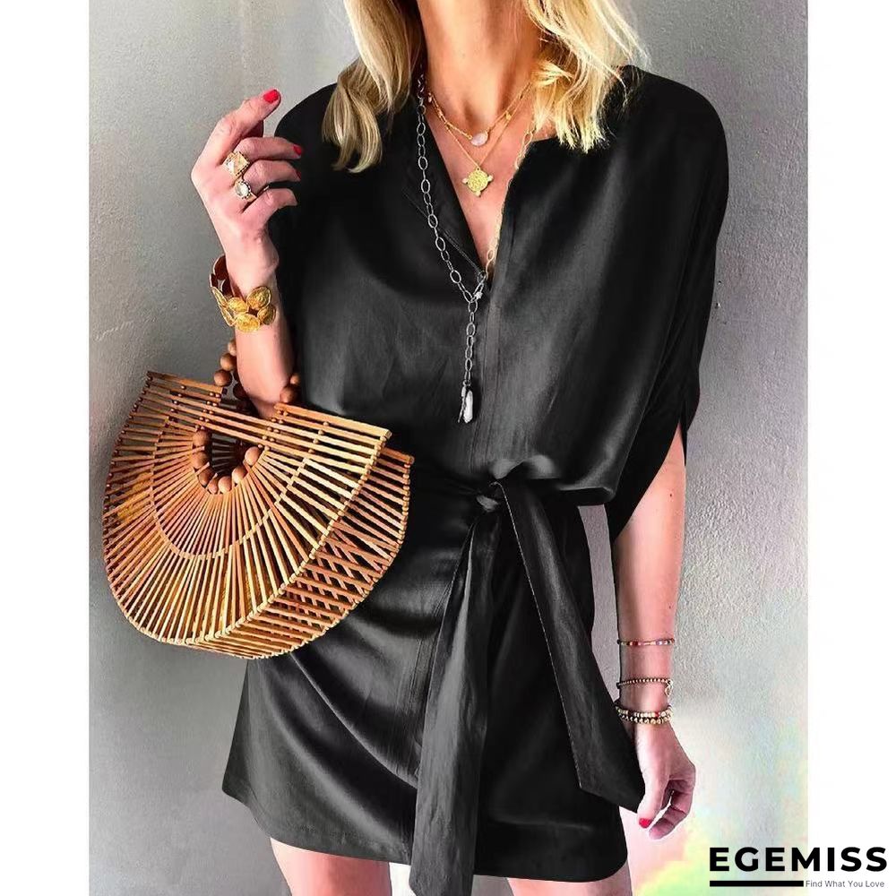 Half Sleeve Lace Up Satin Casual Dress | EGEMISS