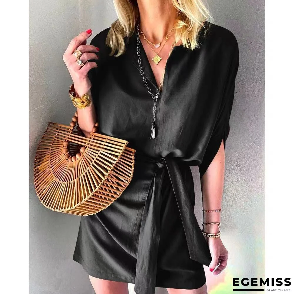 Half Sleeve Lace Up Satin Casual Dress | EGEMISS