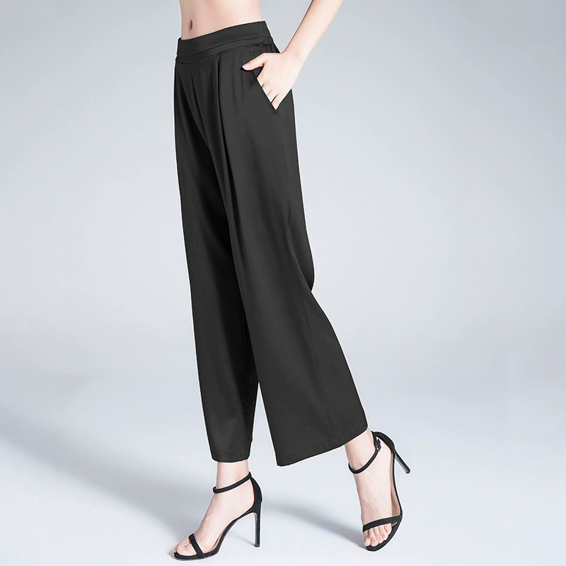 Work Silk Wide Leg Pants with Pull-On for Women REAL SILK LIFE