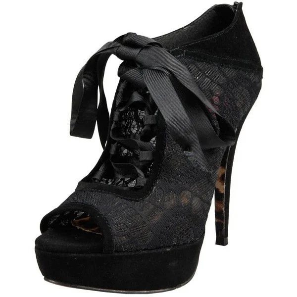 Black Lace Floral Peep Toe Booties Lace Up Platform Stiletto Shoes |FSJ Shoes