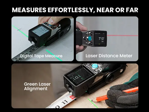 Product Introduction of Mileseey XTAPE1 Digital Tape Measure. Professional 330Ft Laser Measuring Tool & 12Ft Measuring Tape with Green Laser Extension. Instant Digital Readout. P2P. App Sync. Replaceable Blades Module 9