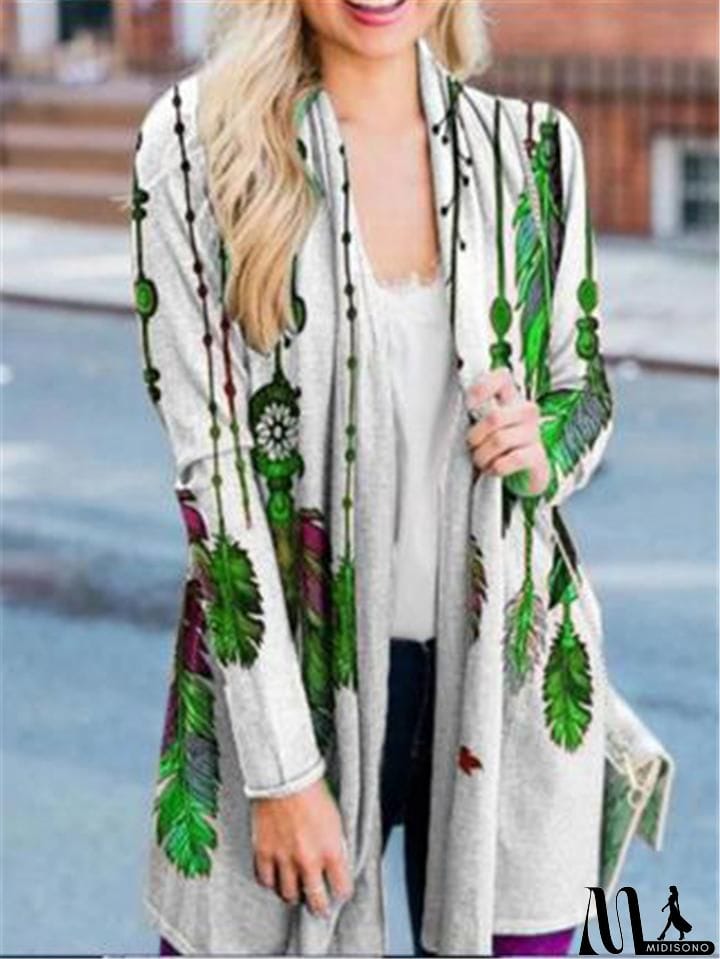 MidiSono - Casual Style Feather Floral Printed Long Sleeve Open Front Tops