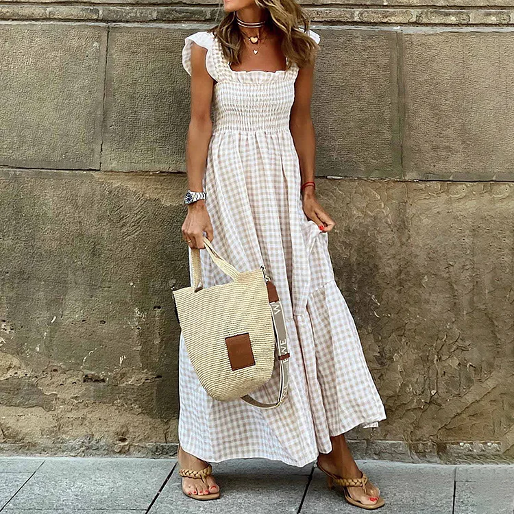 VChics Bohemian Plaid Printed Short Sleeve Maxi Dress