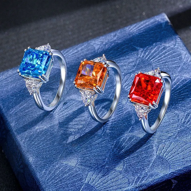 100% 925 Sterling Silver 10*10mm Pink Yellow Aquamarine High Carbon Diamond Rings For Women Sparkling Wedding Fine Jewelry