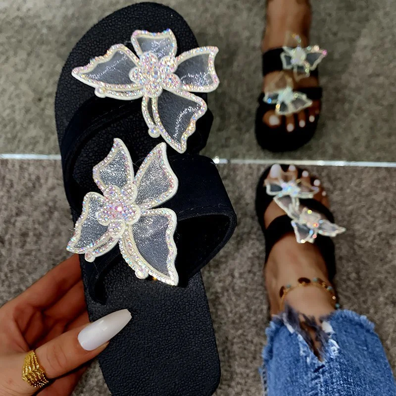 Summer Women Slippers Heels Sandals Rhinestone Bow Shoes Women Flip Flop Designer Platform Shoes Heels Sandals Women 2021