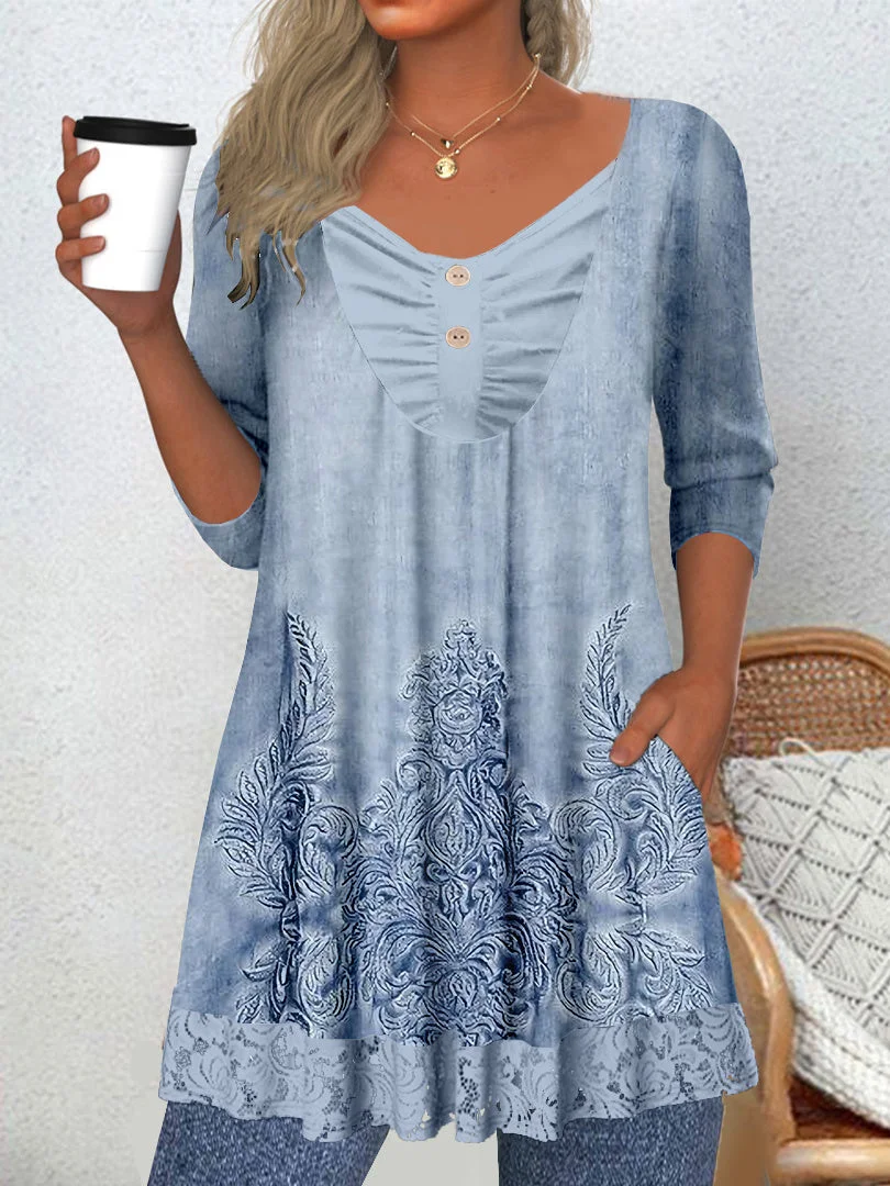 Women's Long Sleeve V-neck Graphic Lace Buttons Tops