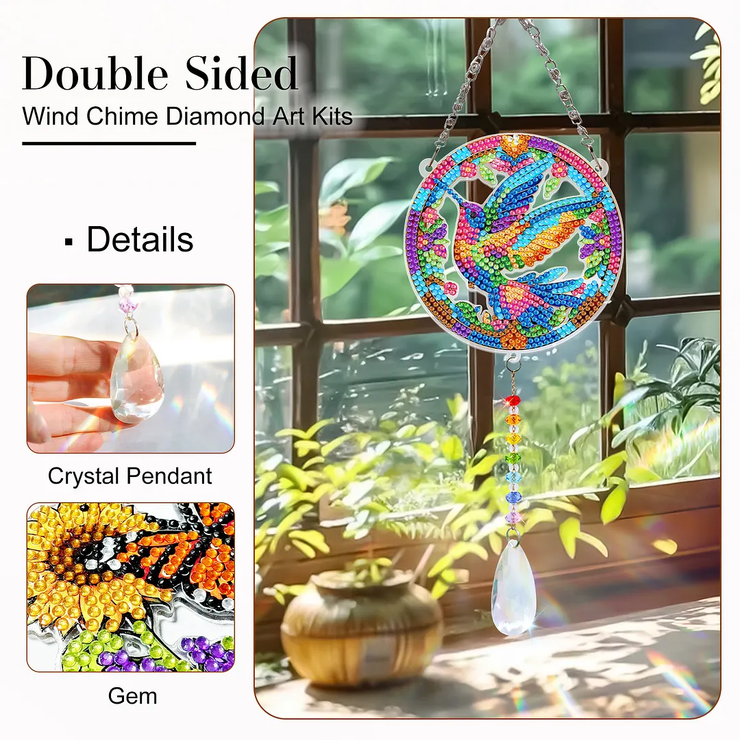 2Pcs Hummingbird DIY Acrylic Diamond Painting Art Wind Chimes with Crystal Pendant Diamond Art Hanging Pendant Double-Sided for Adults Beginners Gift Home Garden Decor