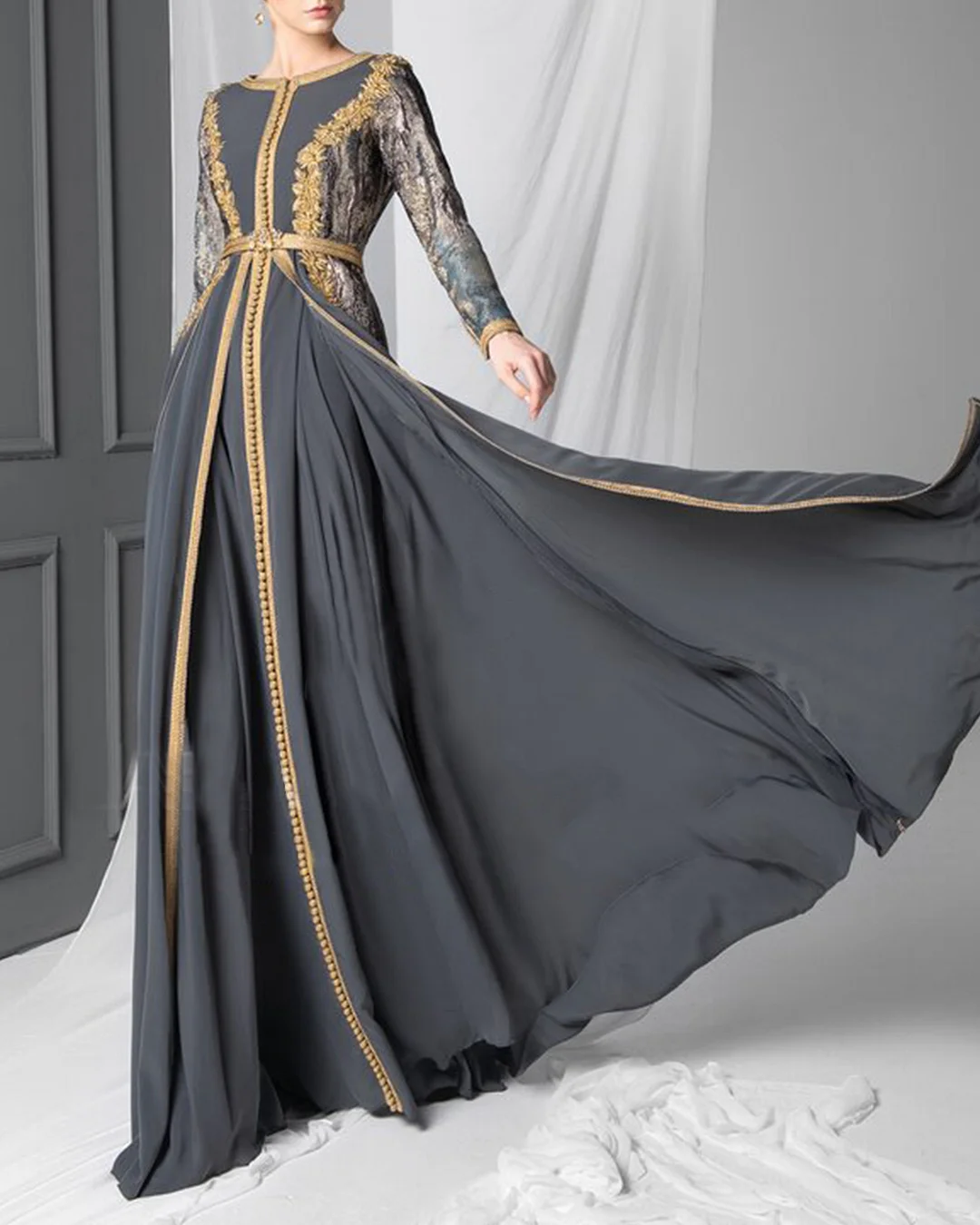 Beaded-panel embroidered mesh dress