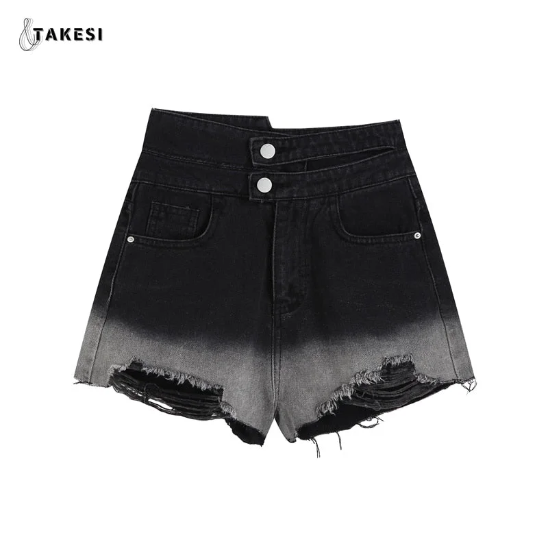 Casual High Waist Denim Shorts Women Summer Ripped Hollow Out Pocket Tassel Hole Ripped Tassel Short Jeans Pants Female Y2K