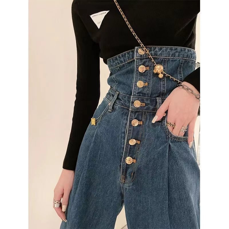 Fongt Streetwear Vintage Harajuku Straight High Waist Oversize Button Denim Pants Trousers Grunge Cargo Jeans for Women Clothes