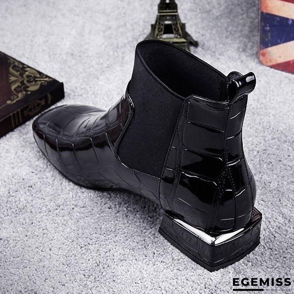 Chic Women Boots Shiny PU Leather Autumn Winter Shoes Woman Spuare Toe Block Heels Ankle Boots | EGEMISS
