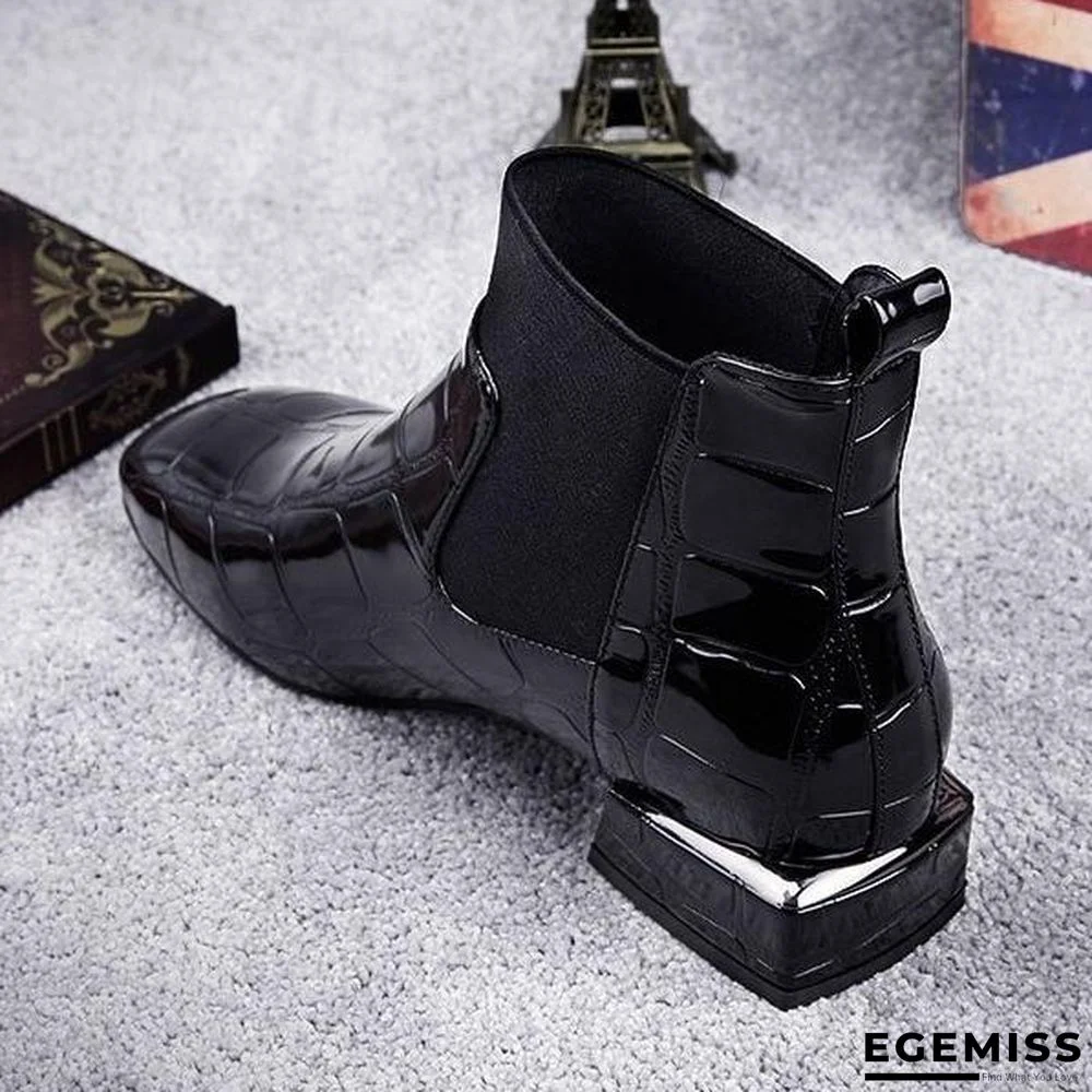 Chic Women Boots Shiny PU Leather Autumn Winter Shoes Woman Spuare Toe Block Heels Ankle Boots | EGEMISS