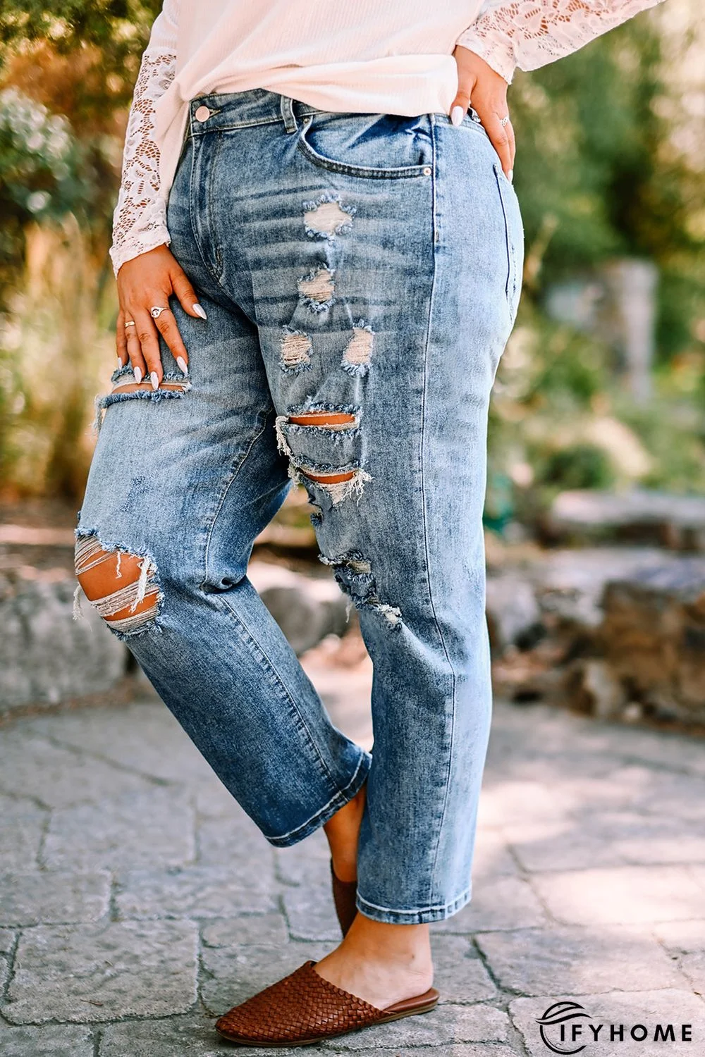 Blue Plus Size Distressed Slit Vintage Jeans | IFYHOME