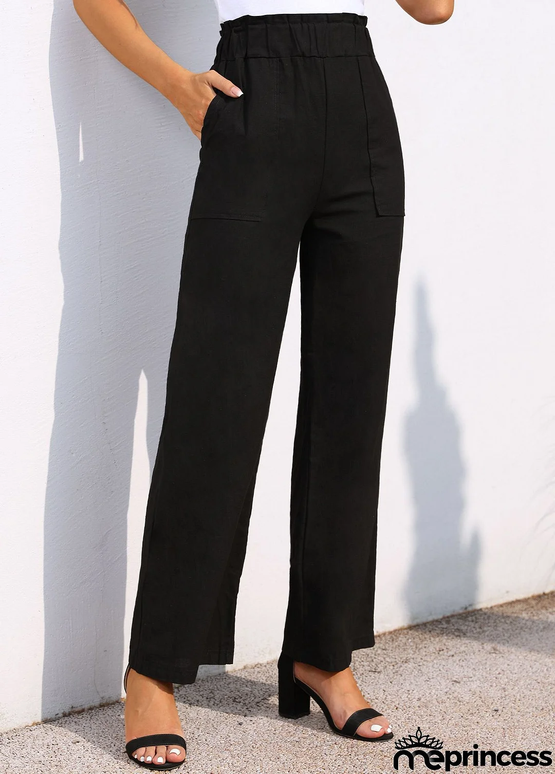 Black Pocket Wide Leg Elastic Waist Pants