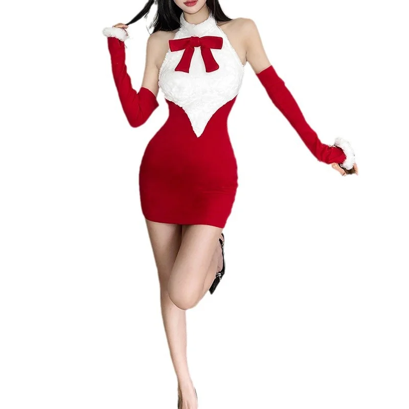 Toloer Toloer New Autumn Sexy Pure Desire Hot Girl Wind Socialite Christmas Slim Show Thin Splicing Package Hip Dress-Outfit Ideas