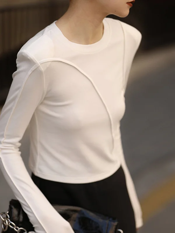 Long Sleeves Skinny Shoulder Pad Solid Color Round-Neck T-Shirts Tops