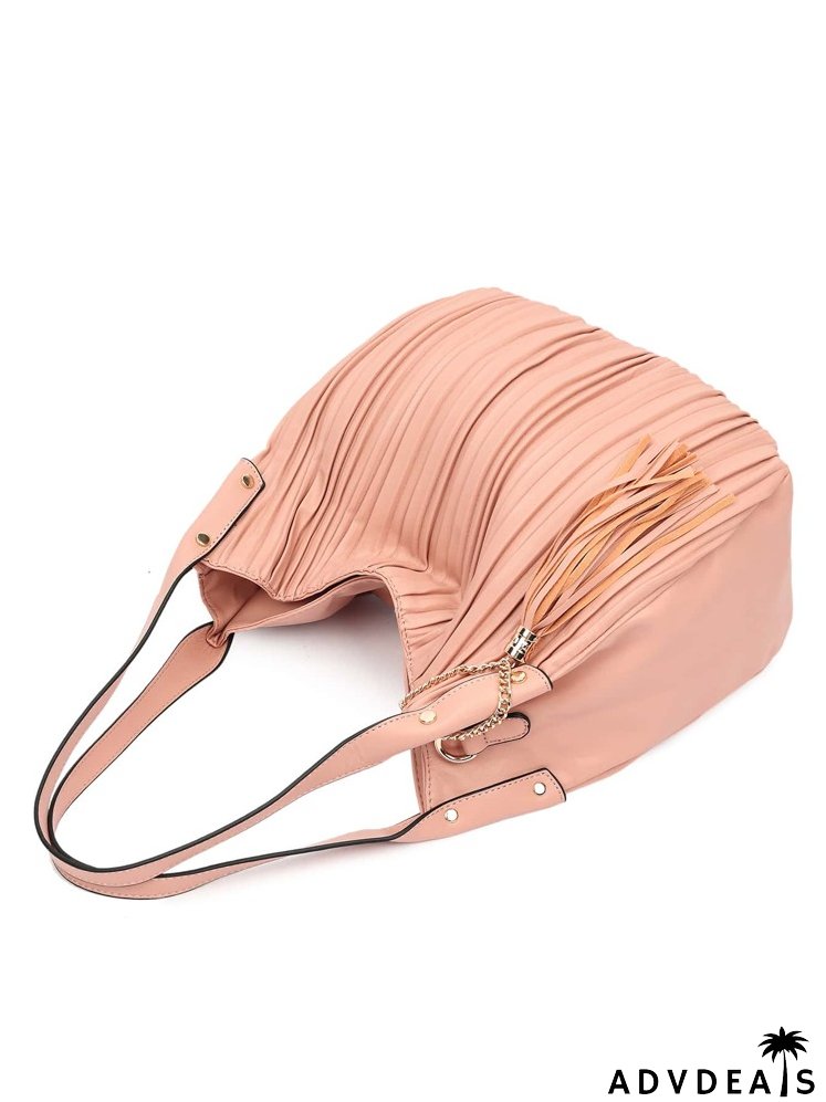 Chain & Tassel Decor Pleated Shoulder Tote Bag
