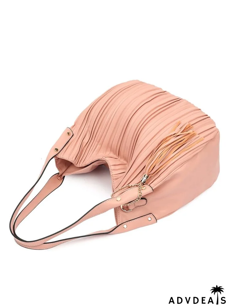 Chain & Tassel Decor Pleated Shoulder Tote Bag