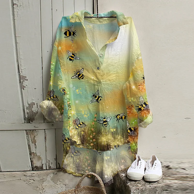 Retro Bees Floral Art Print Long Sleeve Shirt