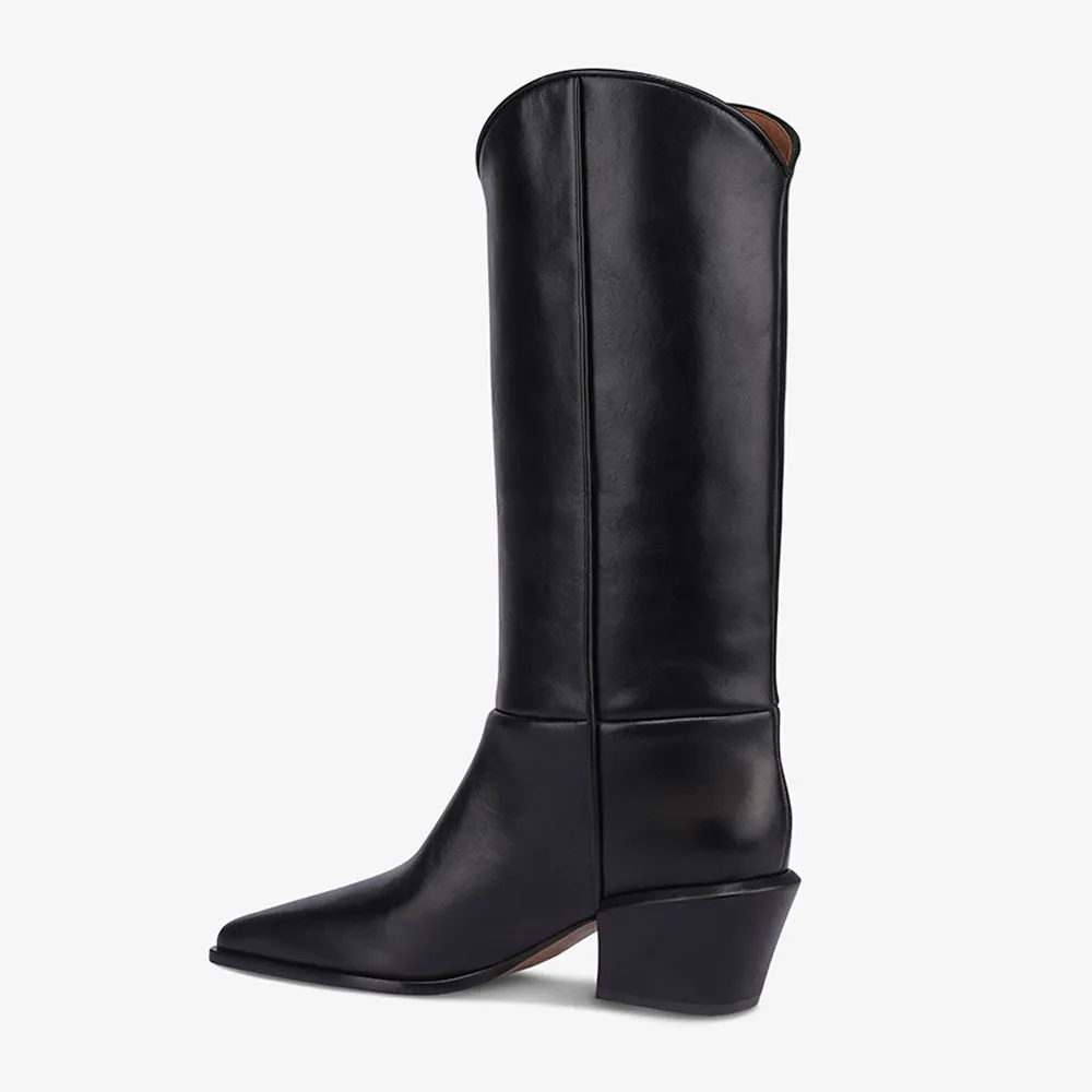 Women's Black Pointed Toe Block Heel Mid Calf Western Boots