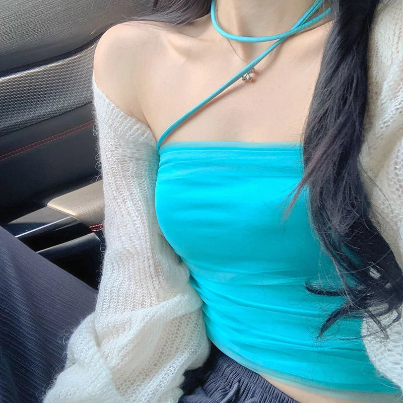 Uveng Uveng Neck Top Female Pure Lust Wind Hot Girl Tight Short Mesh Yarn Irregular Sling Vest Set On The Bottom Shirt Summer