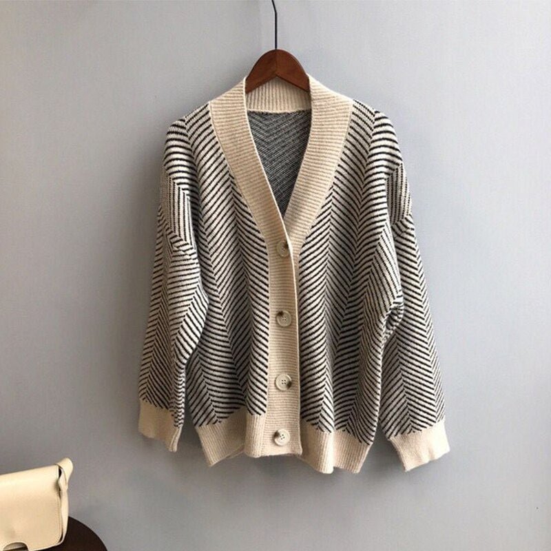 Knitted Cardigan Women Casual Oversize Striped Sweater Female Loose Cardigan Tops Button Up V Neck Patchwork Casaco Feminino