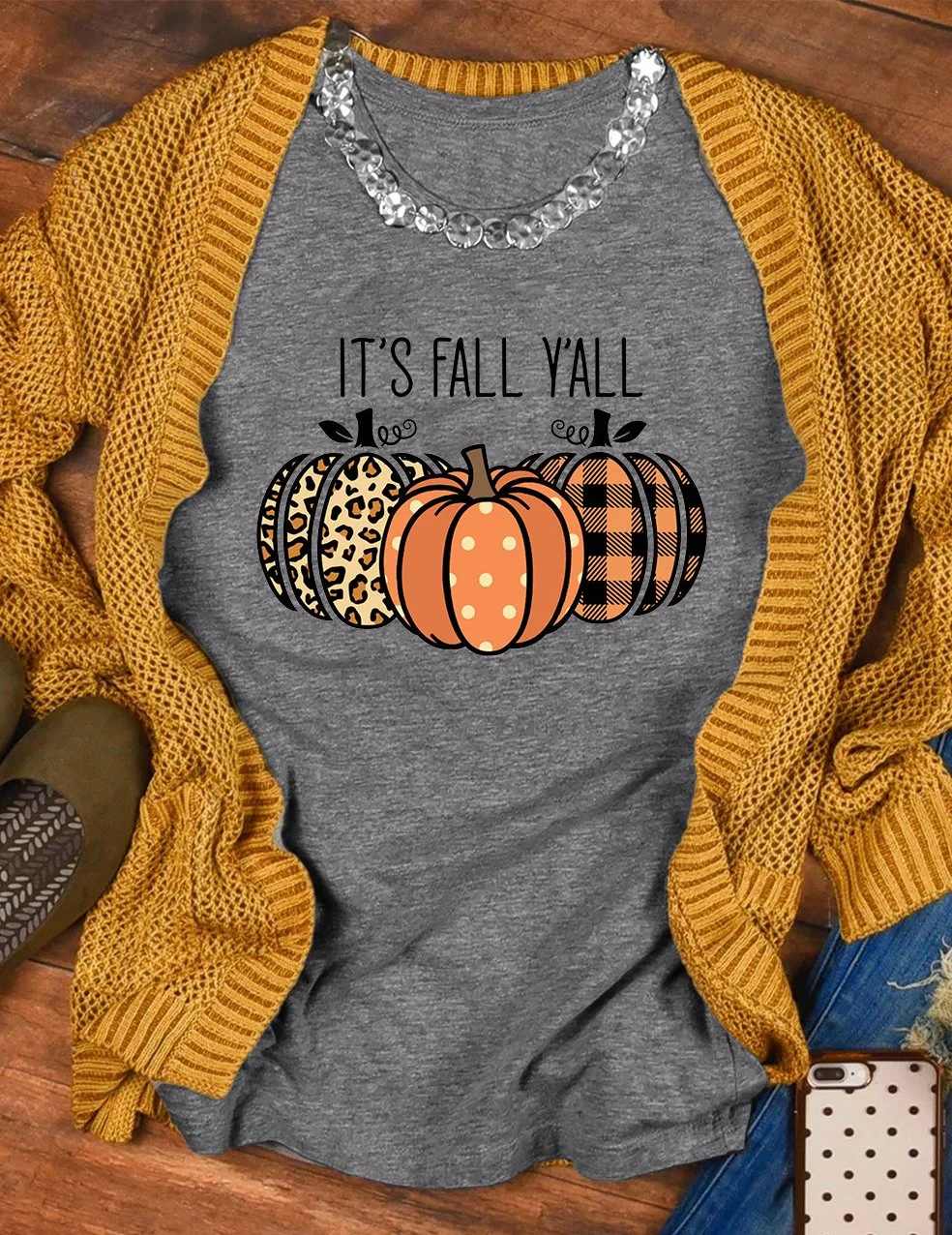 It's Fall Y'all Leopard Plaid Pumpkin T-Shirt