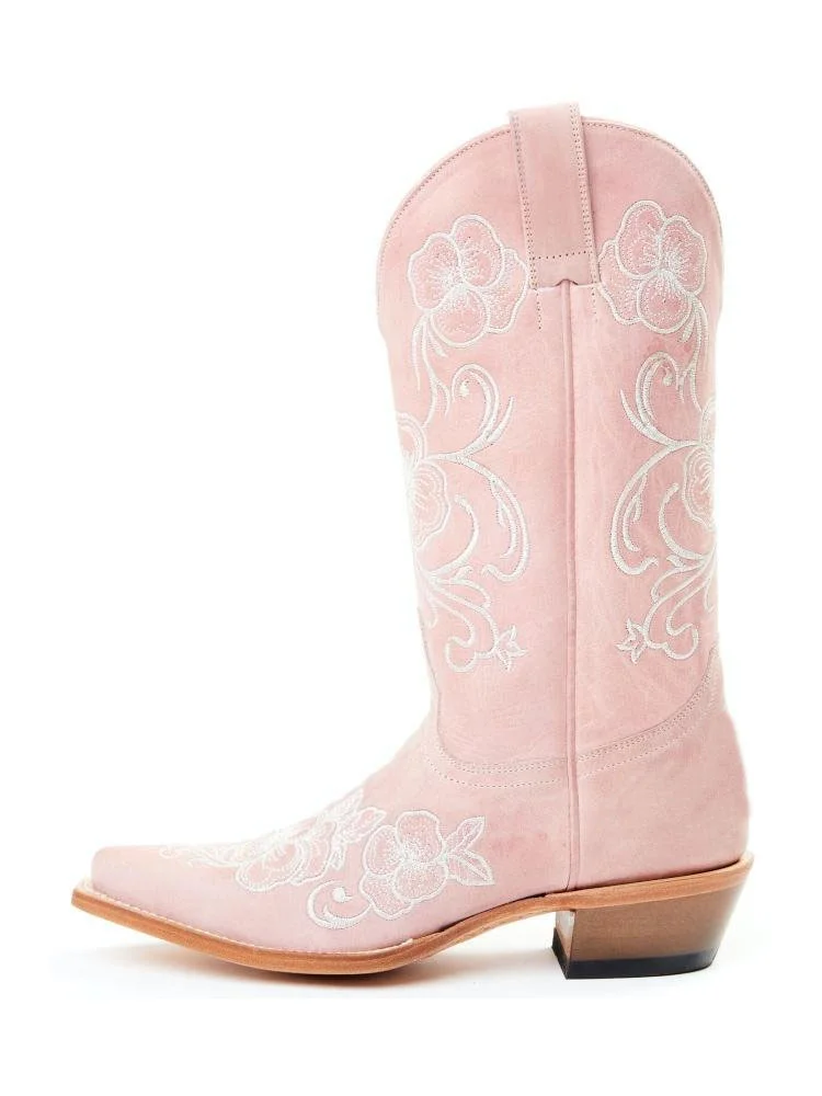 Pink Women Floral Embroidered Mid Calf Cowboy Boots Snip Toe Slanted Chunky Heel Western Boots