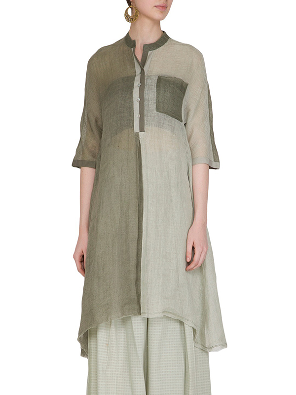 Contrast Color Round Neck Button Loose Linen Top