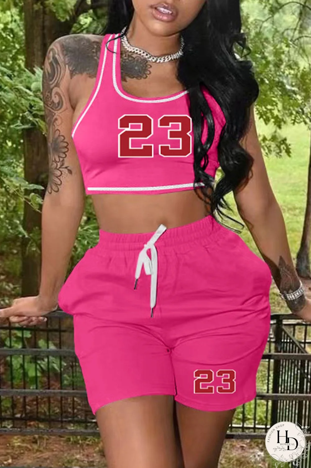 Rose Red Casual Sportswear Print Basic U Neck Sleeveless Two Pieces