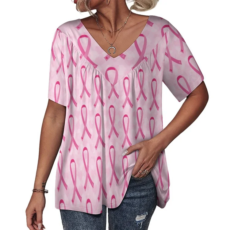 Pink Ribbon Breast Cancer Awareness Women's Summer Shirred V Neck Plus Size Tunic T-Shirt Loose Short Sleeves Tee Tops - Heather Prints Shirts