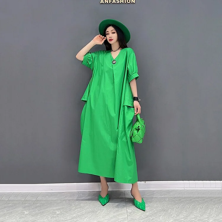 Casual Loose Solid Color V-neck Pockets Puff Sleeve Dress      